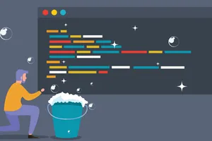 A picture of a website codebase being cleaned up by writing good code